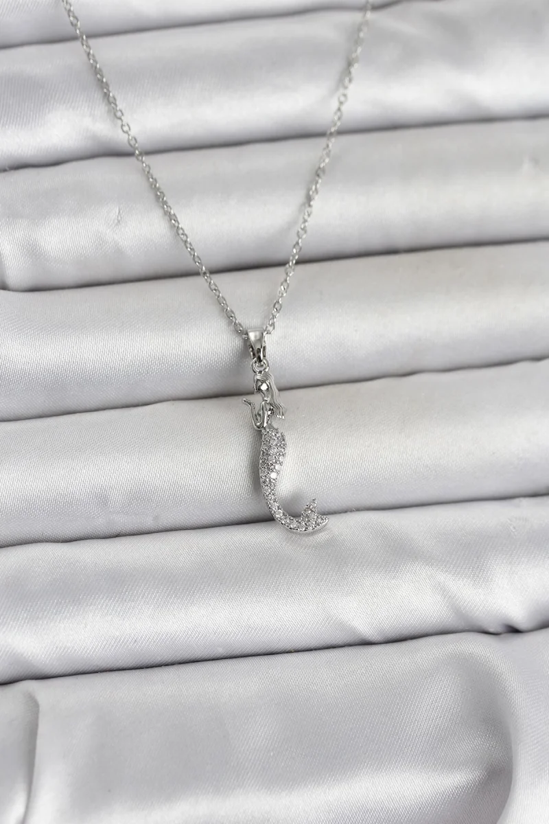 316L Çelik Zincir Gümüş Renk Zirkon Taşlı Deniz Kızı Model Kadın Kolye