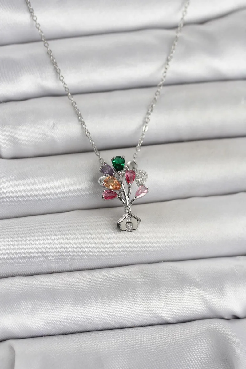 316L Çelik Zincir Gümüş Renk Uçan Balon Ev Figür Kadın Kolye