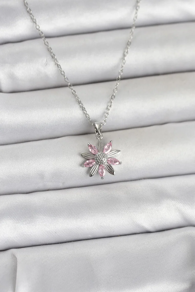 316L Çelik Zincir Gümüş Renk Pembe Papatya Model Kadın Kolye