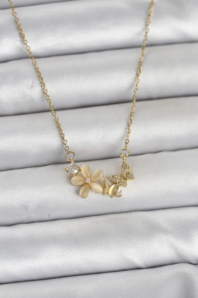 316L Çelik Zincir Gold Renk Çiçek ve Kelebek Model Kadın Kolye