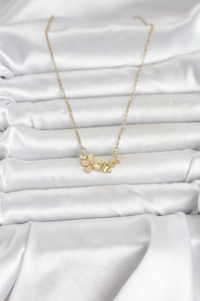 316L Çelik Zincir Gold Renk Çiçek ve Kelebek Model Kadın Kolye