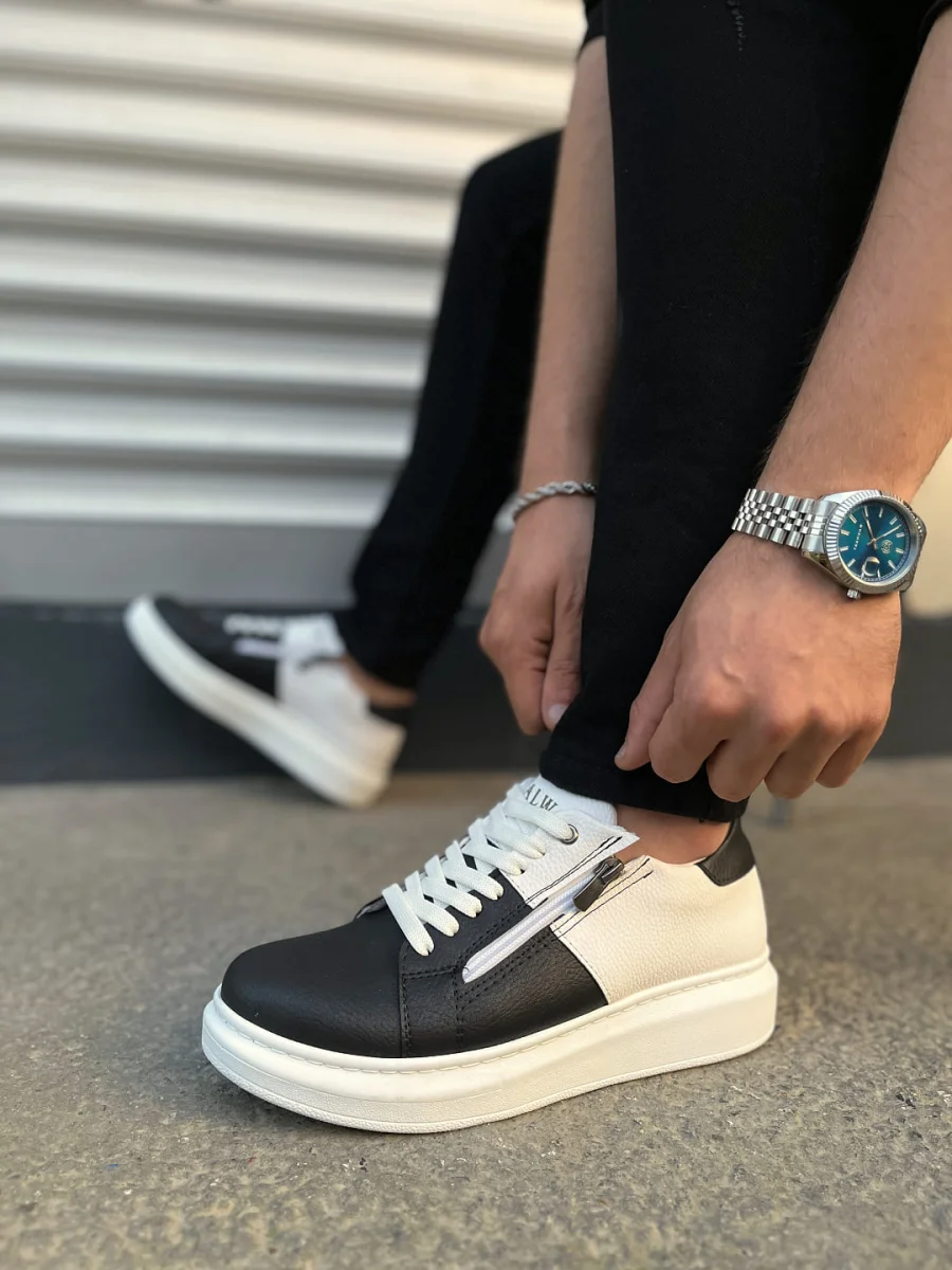 JY155 Warrior Bağcıklı ve Fermuarlı Cilt Erkek Günlük Sneaker Ayakkabı CBT - Beyaz/Siyah