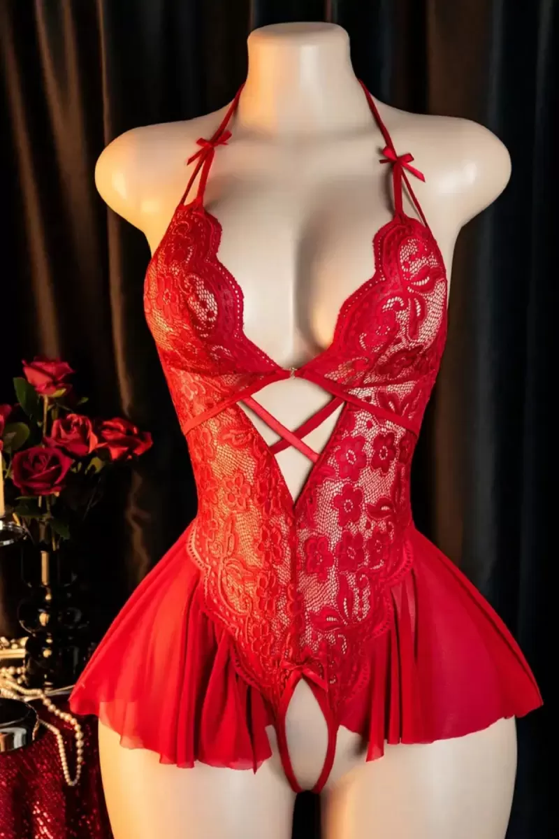 Kadın Kırmızı Dantel Ve Tül Detaylı Derin V Yaka Teddy Gecelik