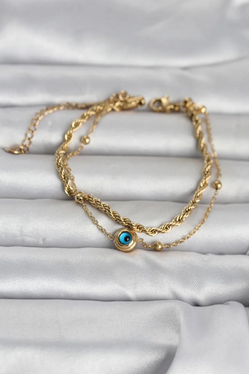316L Çelik Gold Renk Burgu Zincir ve Nazarlı Kadın Bileklik