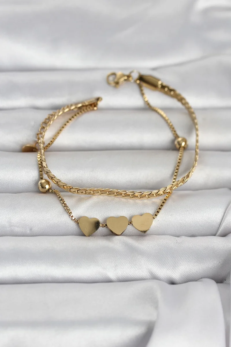 316L Çelik Gold Renk Ezme Zincir ve Kalpli Kadın Bileklik