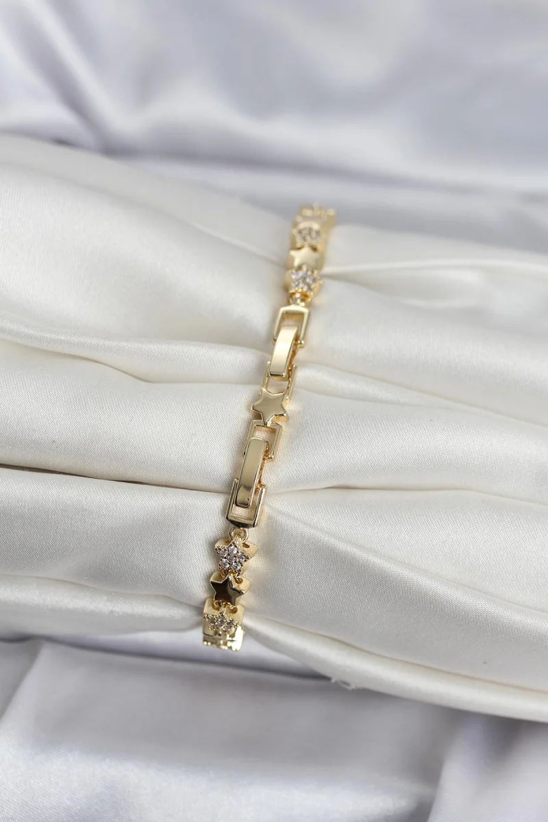 Pirinç Gold Renk Zirkon Taşlı Yıldız Model Kadın Bileklik