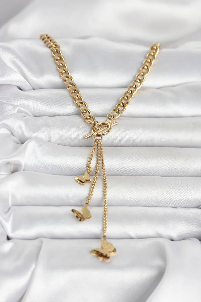 316L Çelik Gold Renk Kelebek Sallantılı Kadın Kolye