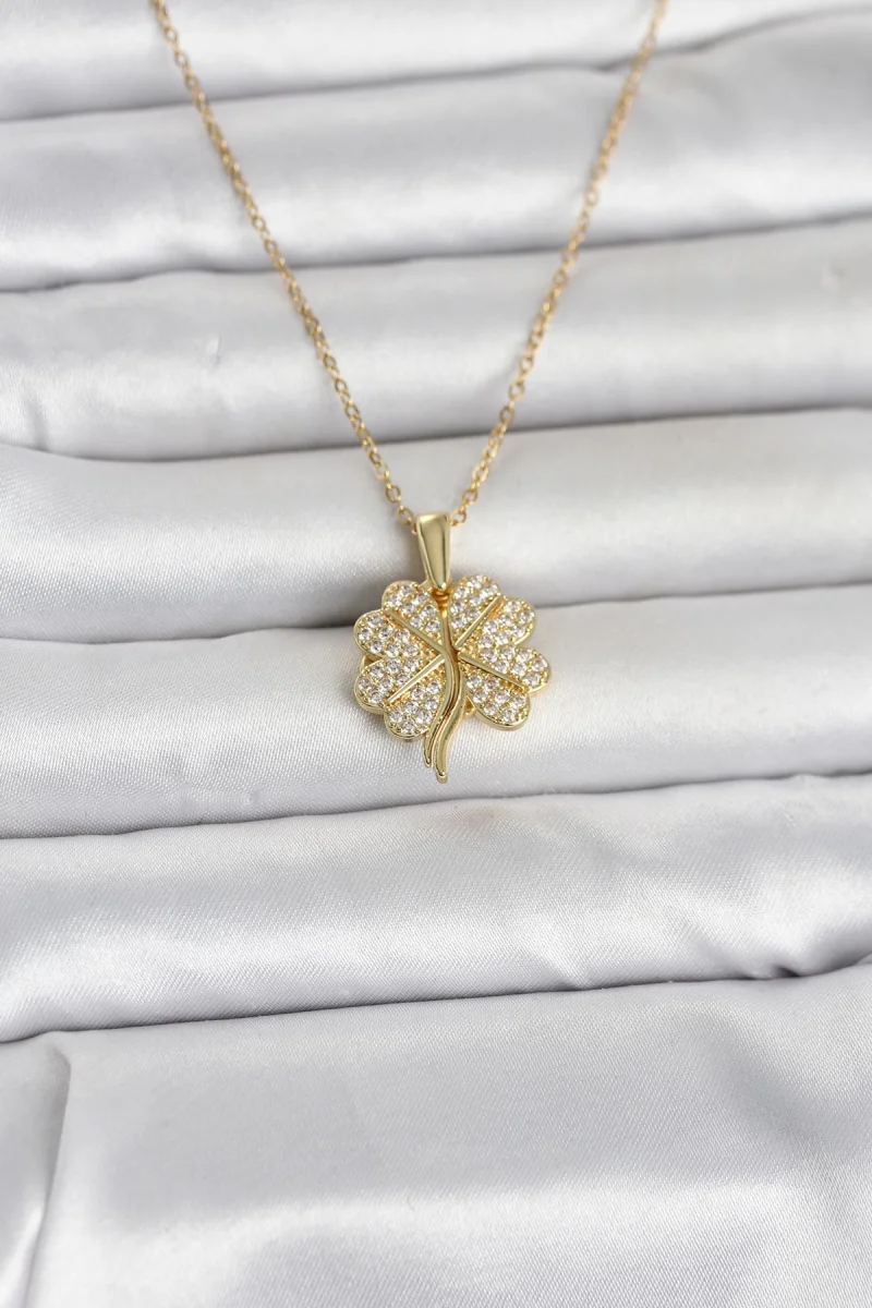 316L Çelik Gold Renk Açılabilir Yonca Model Zirkon Taşlı Kadın Kolye