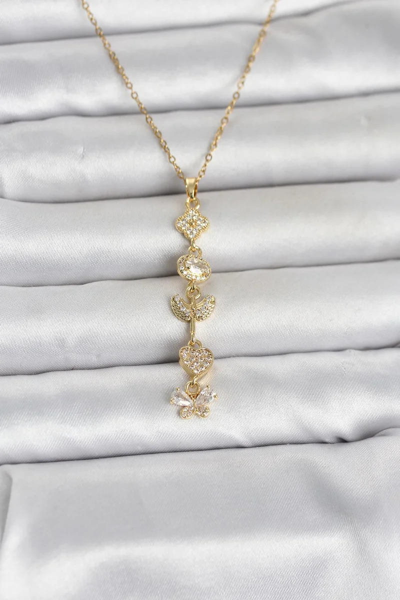 316L Çelik Gold Renk Şans Kolyesi Y Model Zirkon Taşlı Kadın Kolye