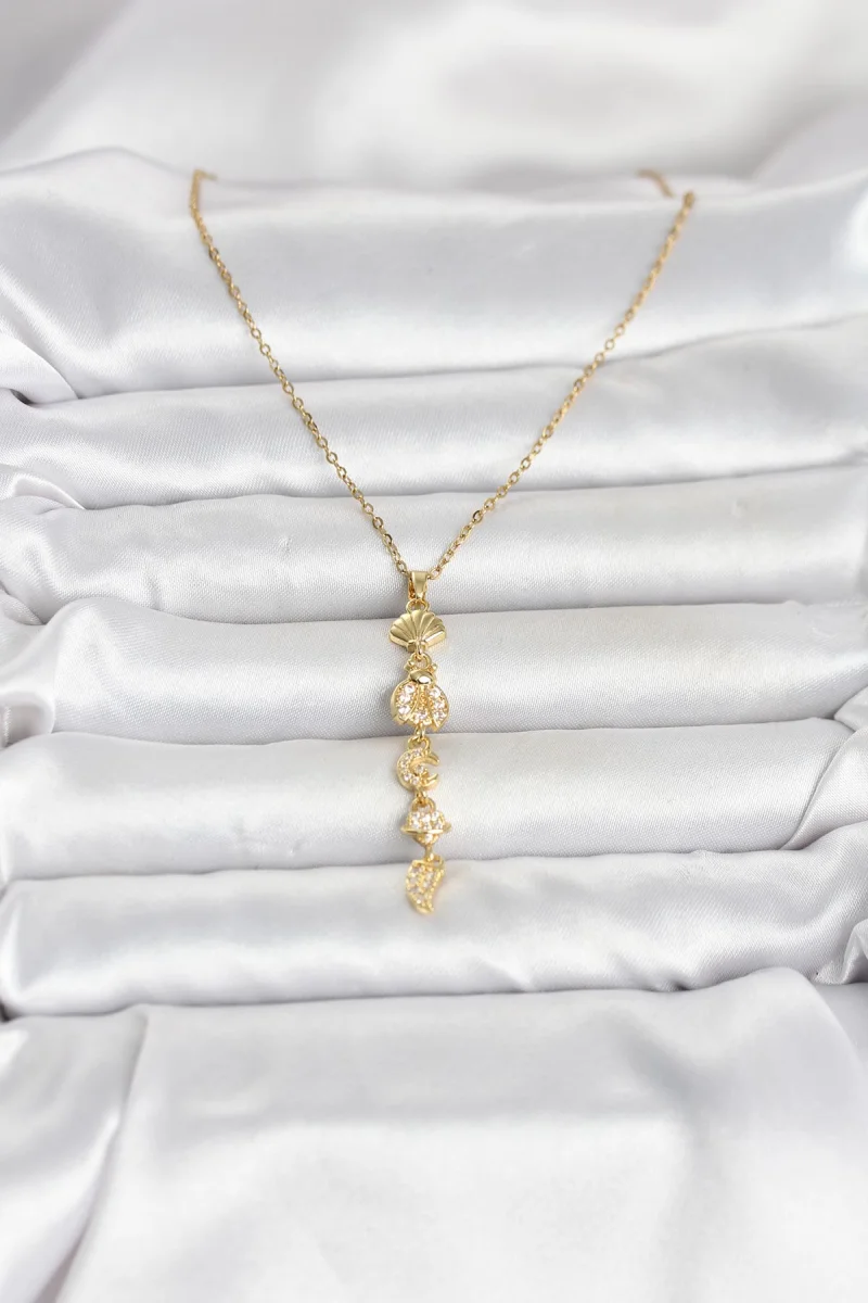 316L Çelik Gold Renk Deniz Temalı Y Model Zirkon Taşlı Kadın Kolye