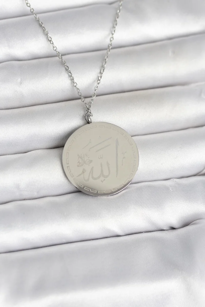 316L Çelik Gümüş Renk Ayetel Kürsi ve Allah Yazılı Kolye