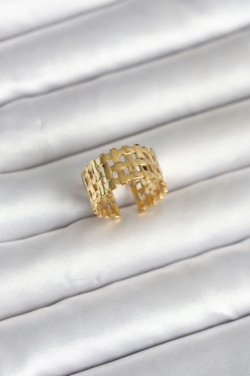 316L Çelik Gold Renk Hasır Model Kadın Yüzük
