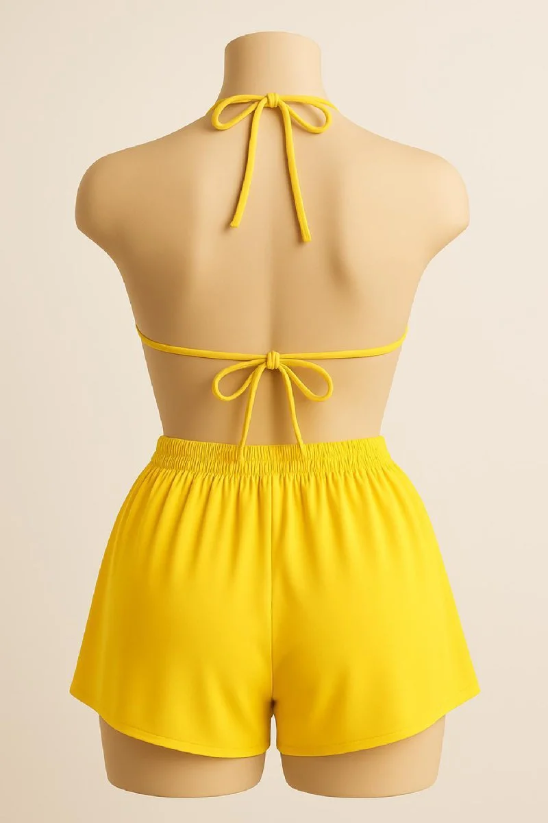 Kadın Sarı Şortlu Belden Ve Boyundan Bağlamalı Bikini Takımı