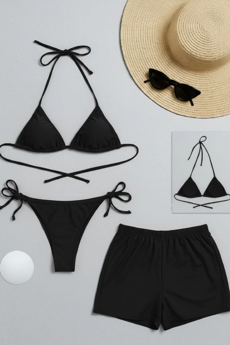 Kadın 3'lü Set Siyah Şortlu Ve Yandan Bağlamalı Bikini Mayo Takımı