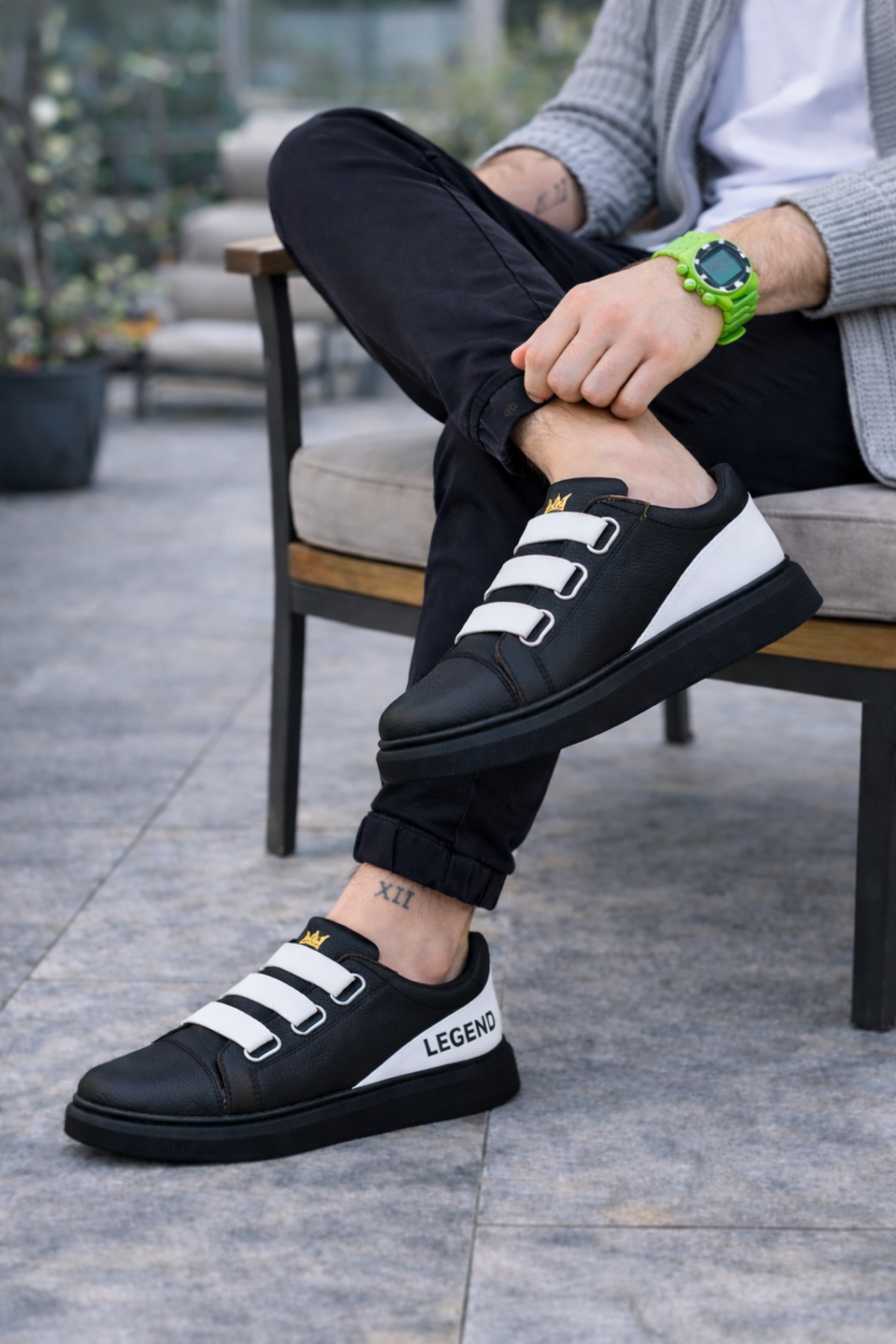 JY029 Mono Bağcıksız 3 Bantlı Lastikli Legend Cilt Erkek Günlük Sneaker Ayakkabı CST - Siyah/Beyaz