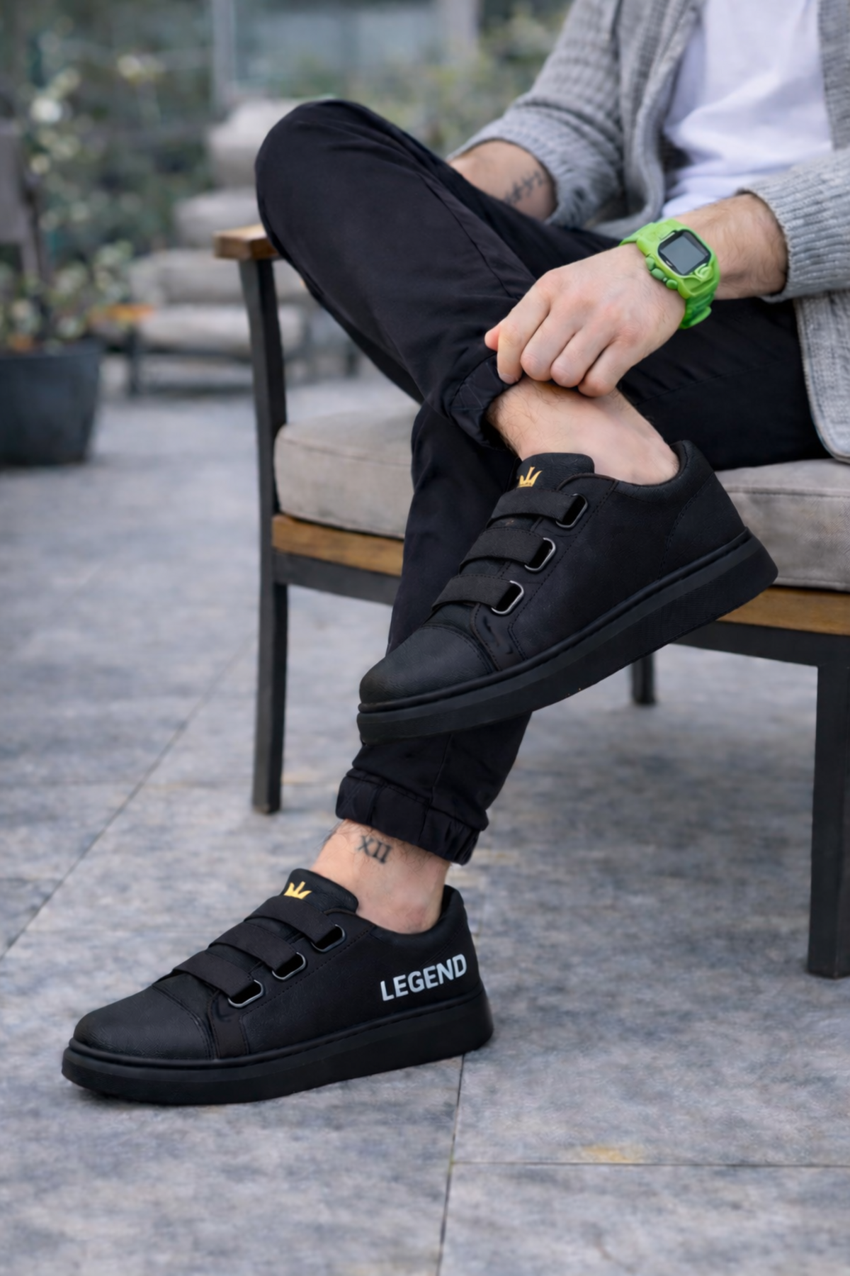 JY029 Mono Bağcıksız 3 Bantlı Lastikli Legend Cilt Erkek Günlük Sneaker Ayakkabı CST - Siyah