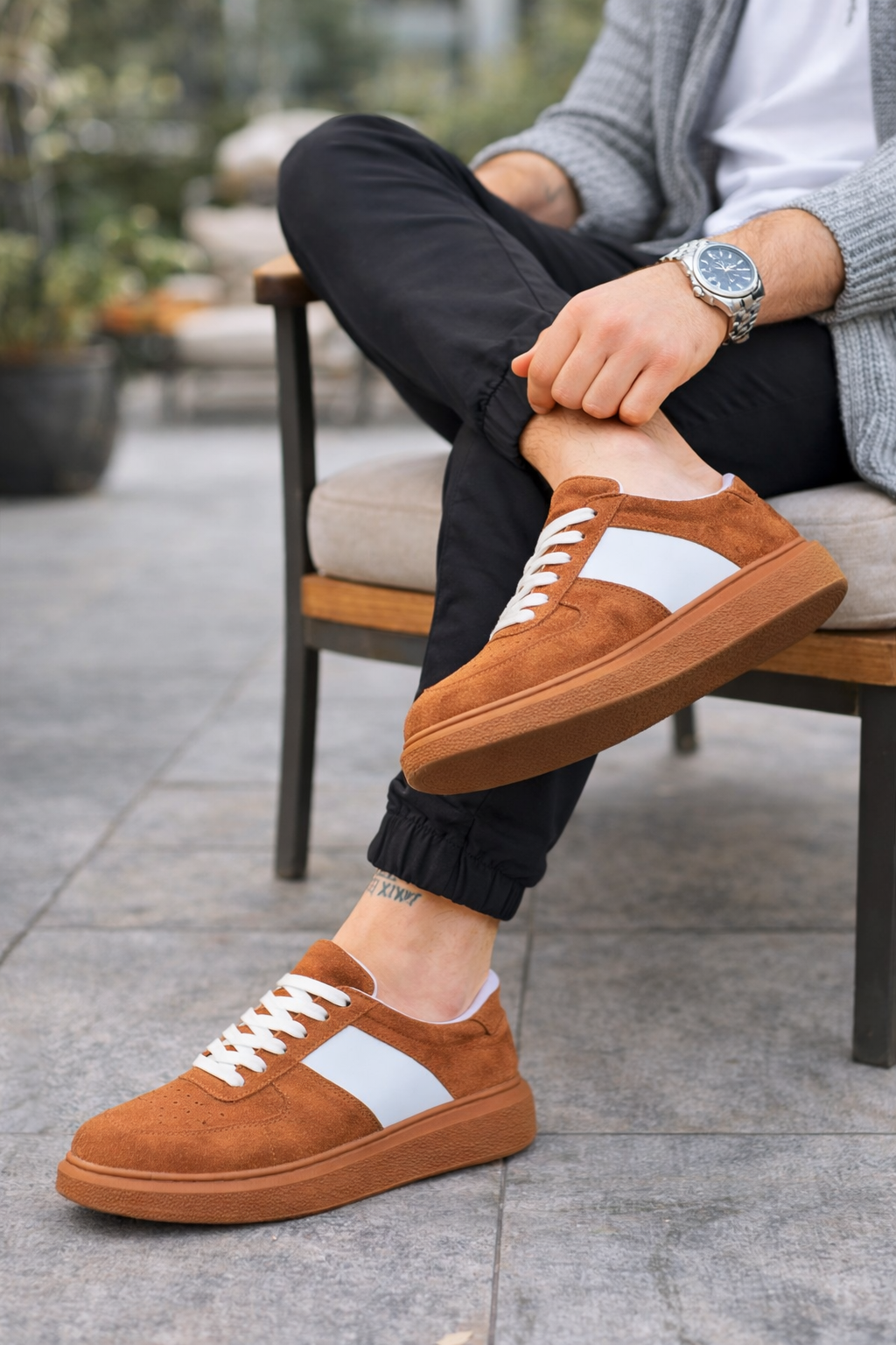 JY011 Line Erkek Günlük Bağcıklı Süet Spor Sneaker Ayakkabı STT - Taba/Beyaz