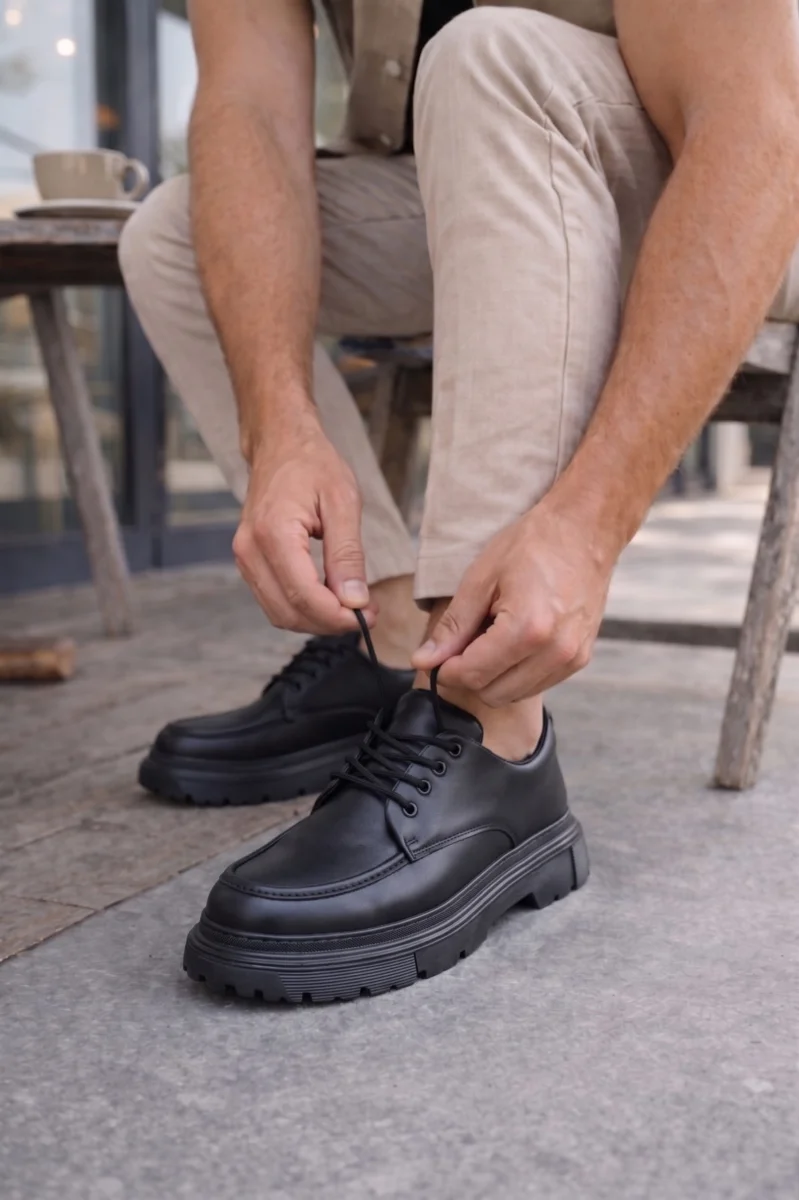 JY06 Solven Bağcıklı Cilt Erkek Günlük Spor Klasik Ayakkabı CST - Siyah