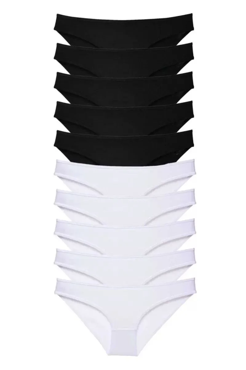 10 Adet Eko Set Likralı Kadın Slip Külot Siyah Beyaz