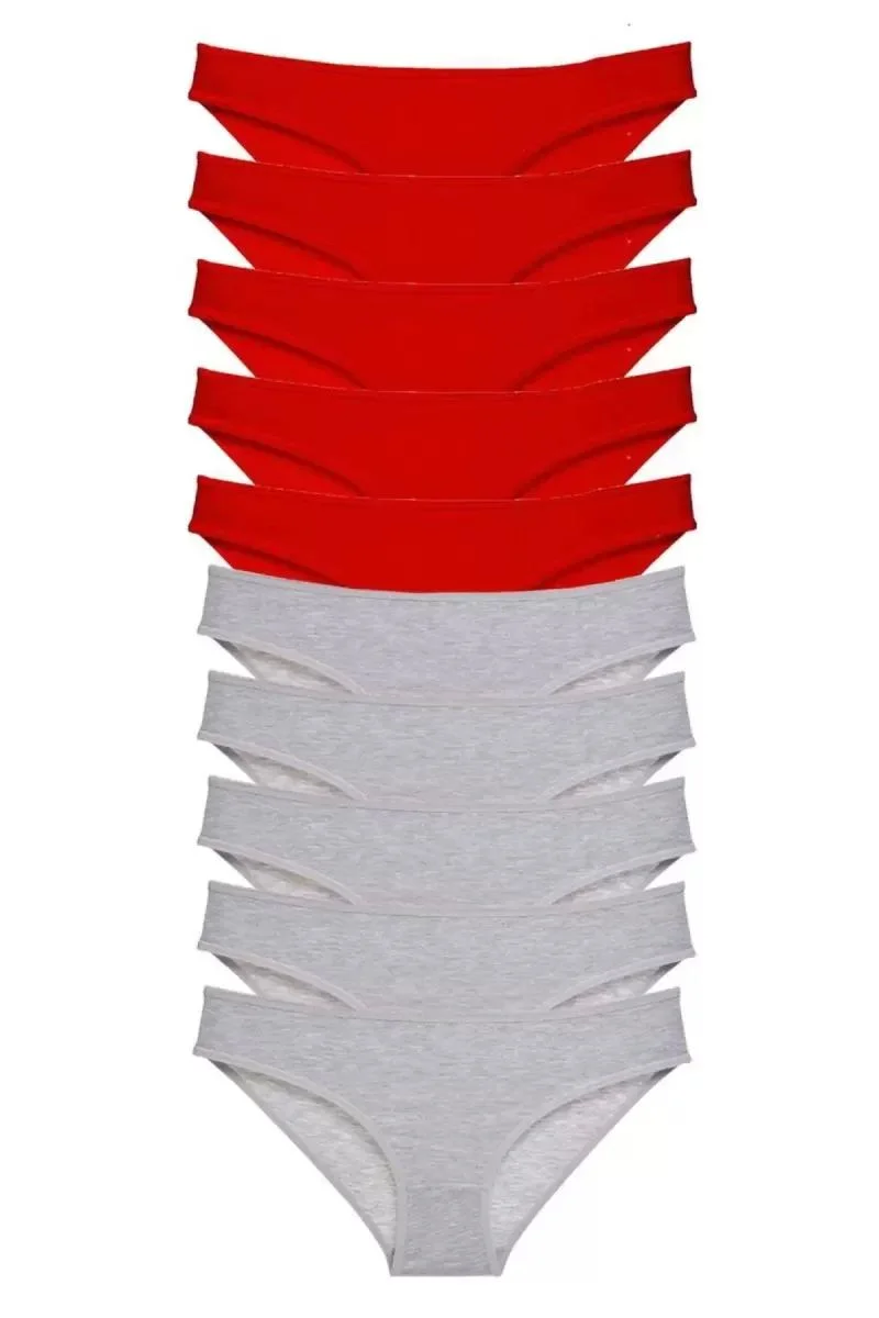 10 Adet Süper Eko Set Likralı Kadın Slip Külot Kırmızı Gri