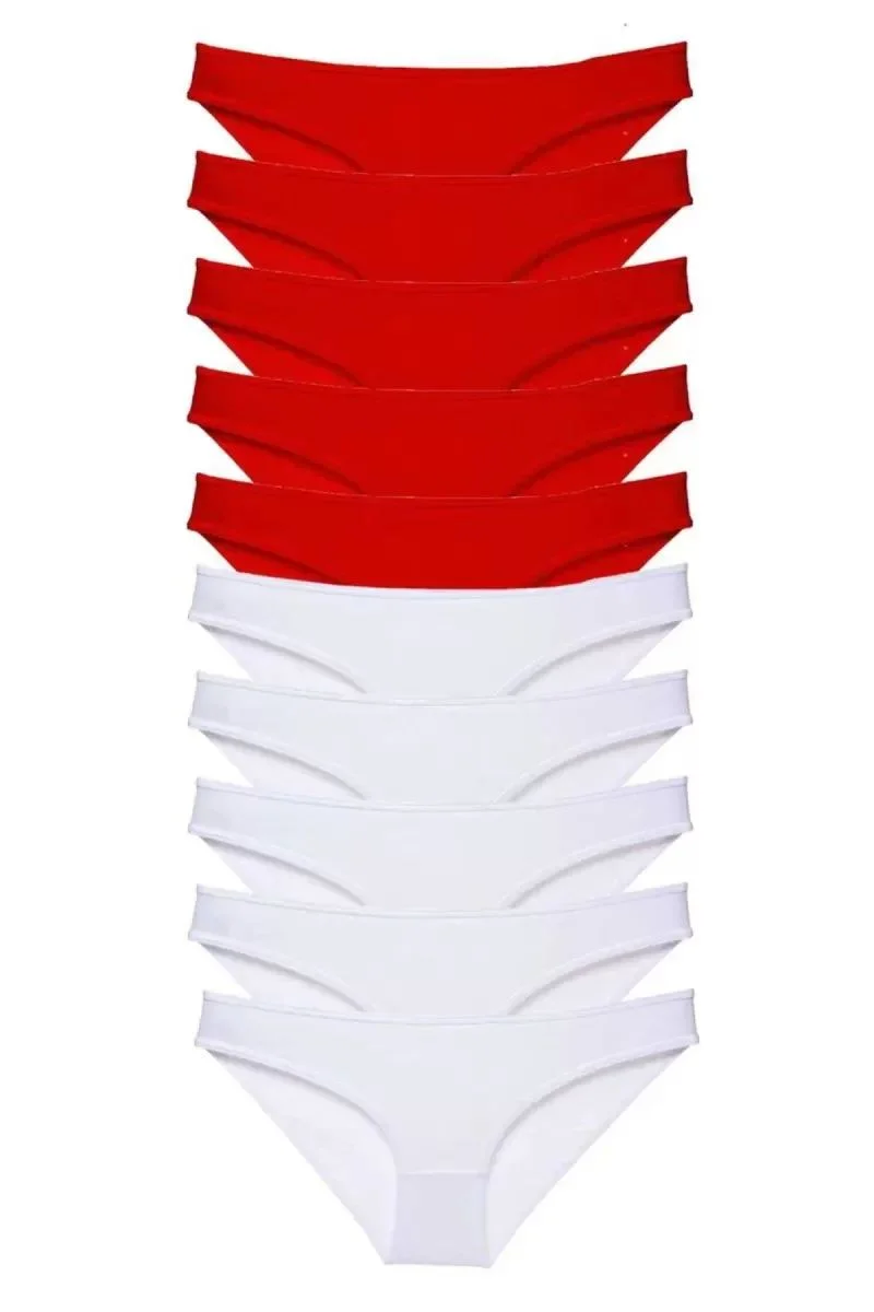 10 Adet Süper Eko Set Likralı Kadın Slip Külot Kırmızı Beyaz