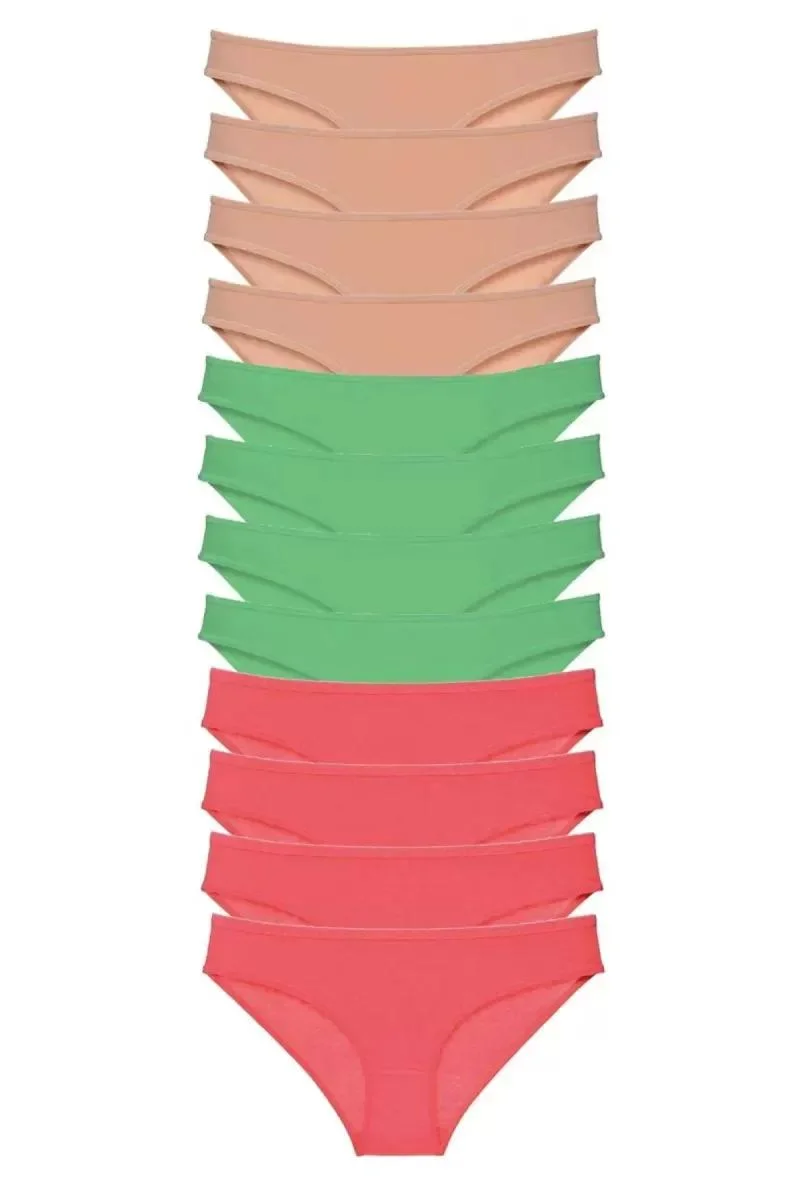 12 Adet Süper Eko Set Likralı Kadın Slip Külot Ten Yeşil Fuşya