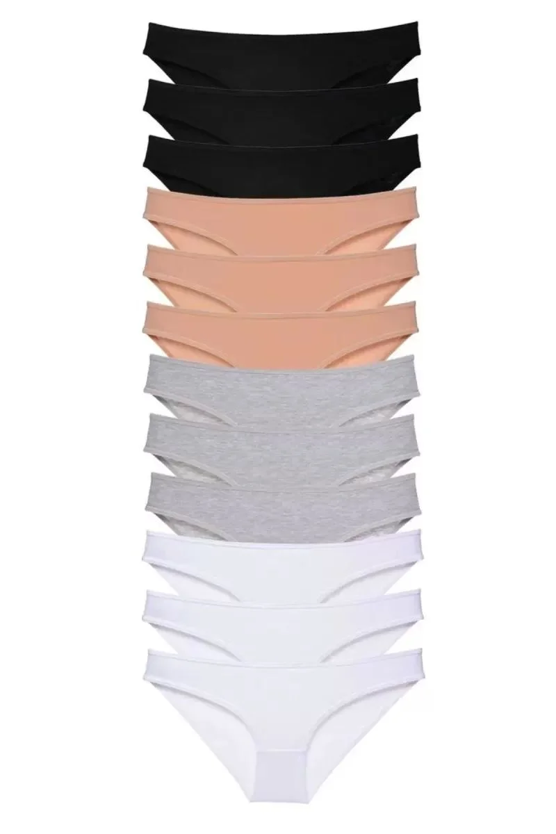 12 Adet Süper Eko Set Likralı Kadın Slip Külot Siyah Ten Gri Beyaz