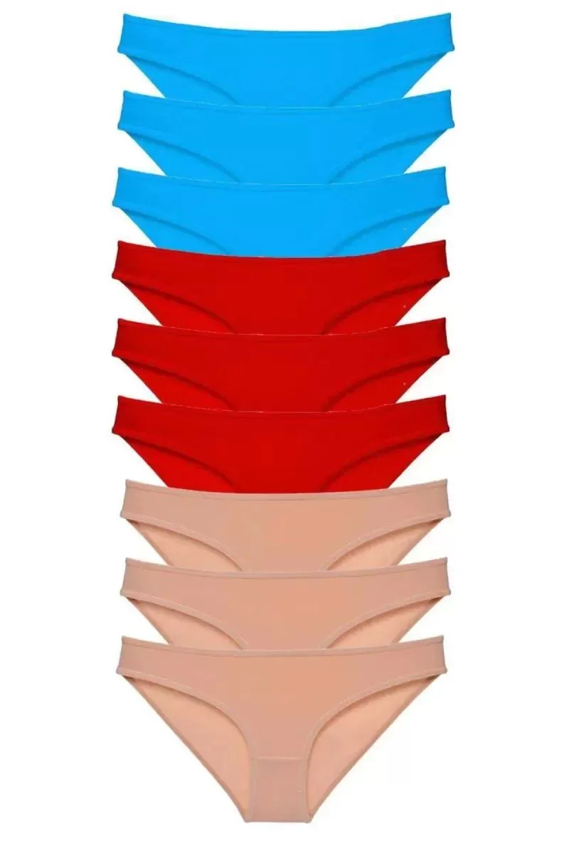 9 Adet Süper Eko Set Likralı Kadın Slip Külot Kırmızı Ten Mavi