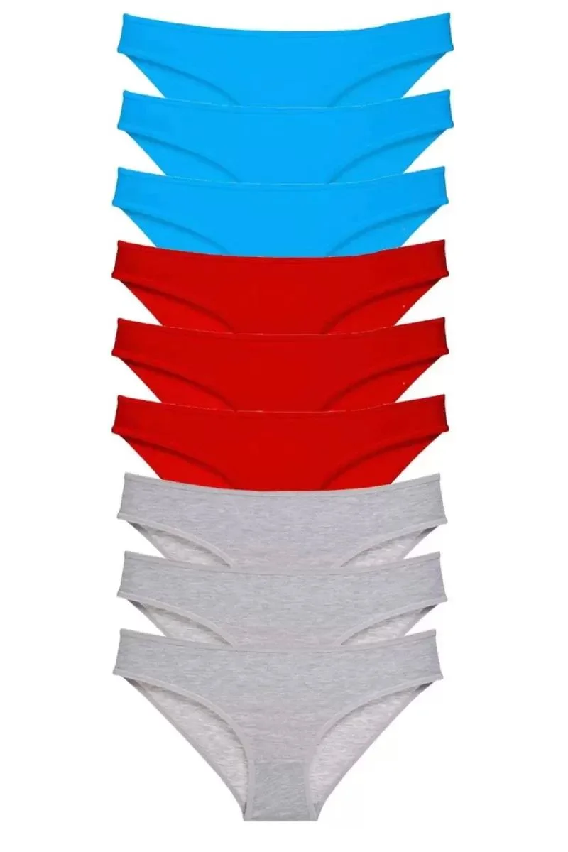 9 Adet Süper Eko Set Likralı Kadın Slip Külot Kırmızı Gri Mavi