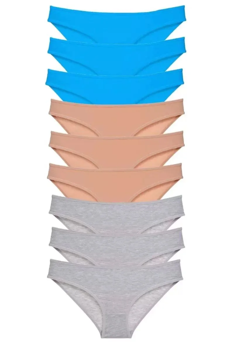 9 Adet Süper Eko Set Likralı Kadın Slip Külot Ten Gri Mavi