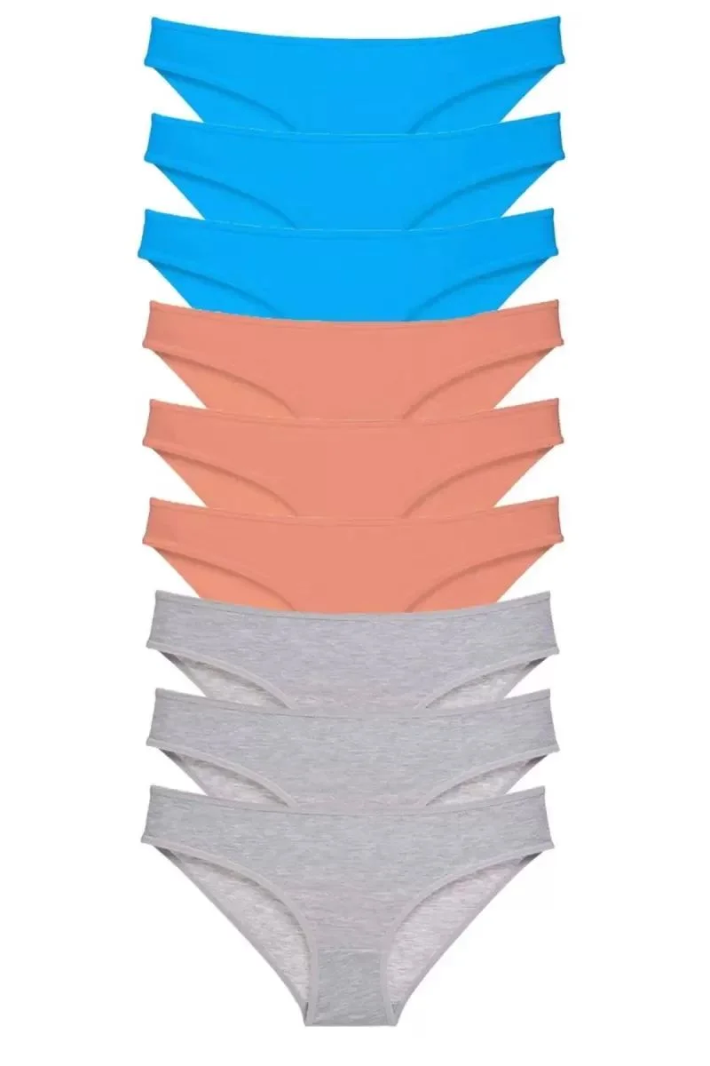 9 Adet Süper Eko Set Likralı Kadın Slip Külot Pudra Gri Mavi