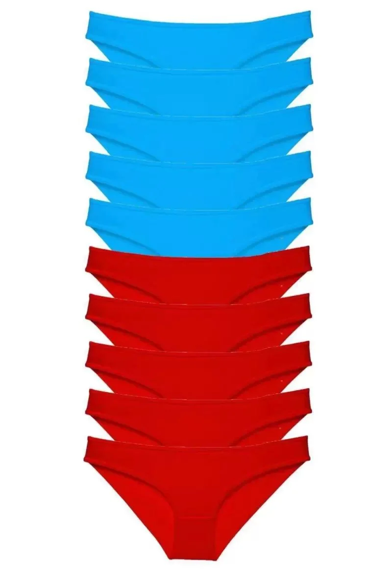 10 Adet Süper Eko Set Likralı Kadın Slip Külot Kırmızı Mavi