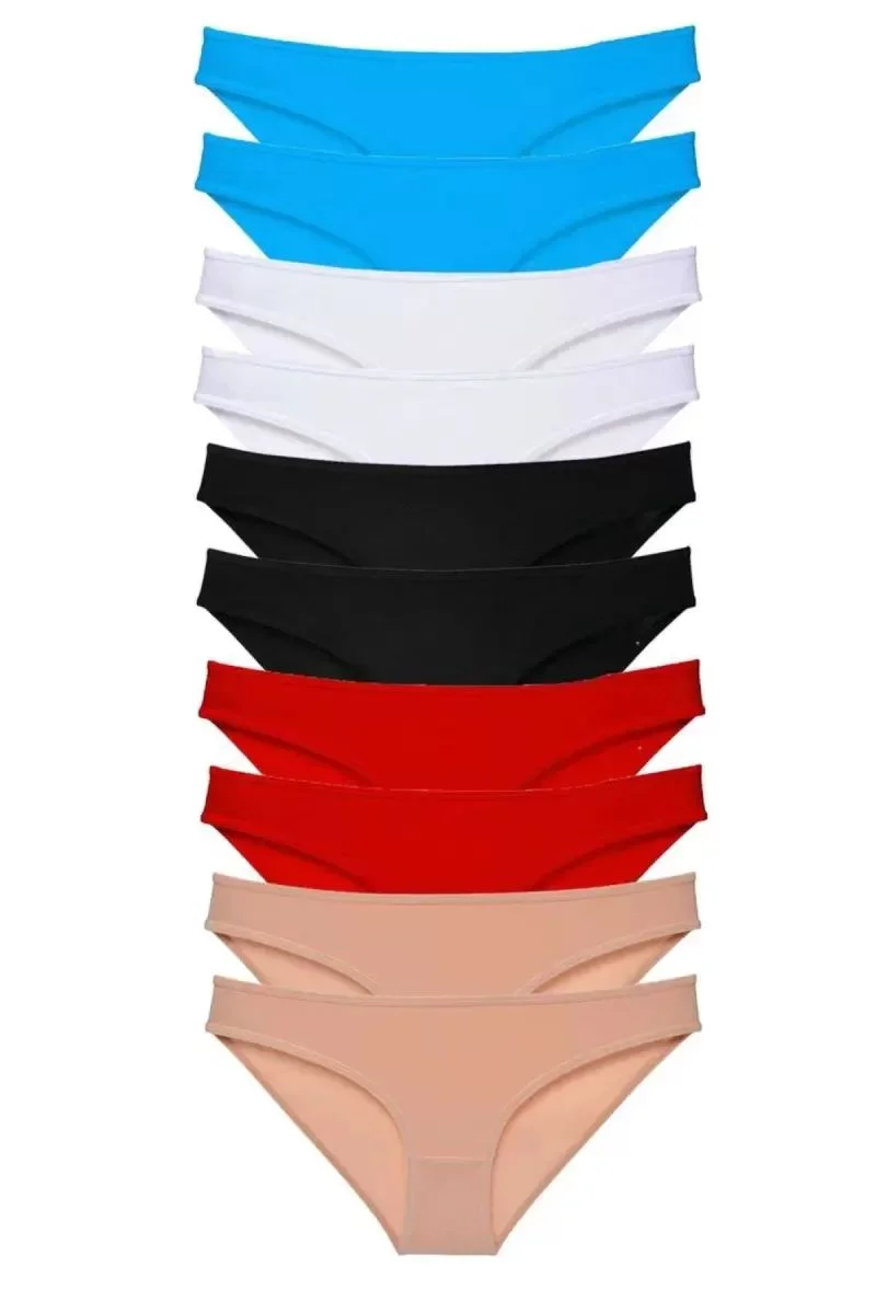 10 Adet Süper Eko Set Likralı Kadın Slip Siyah Kırmızı Ten Beyaz Mavi