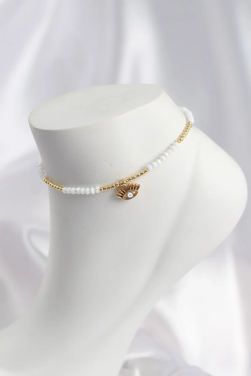 Beyaz Renk Boncuklu Nazarlı Göz Figürlü Halhal