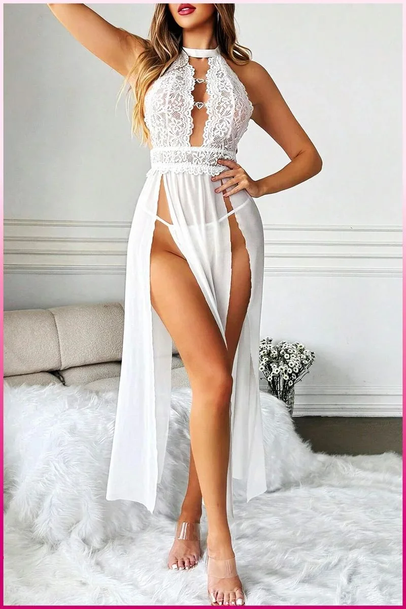 Beyaz Kalp Aksesuarlı Tül Etekli Kadın Seksi Gecelik
