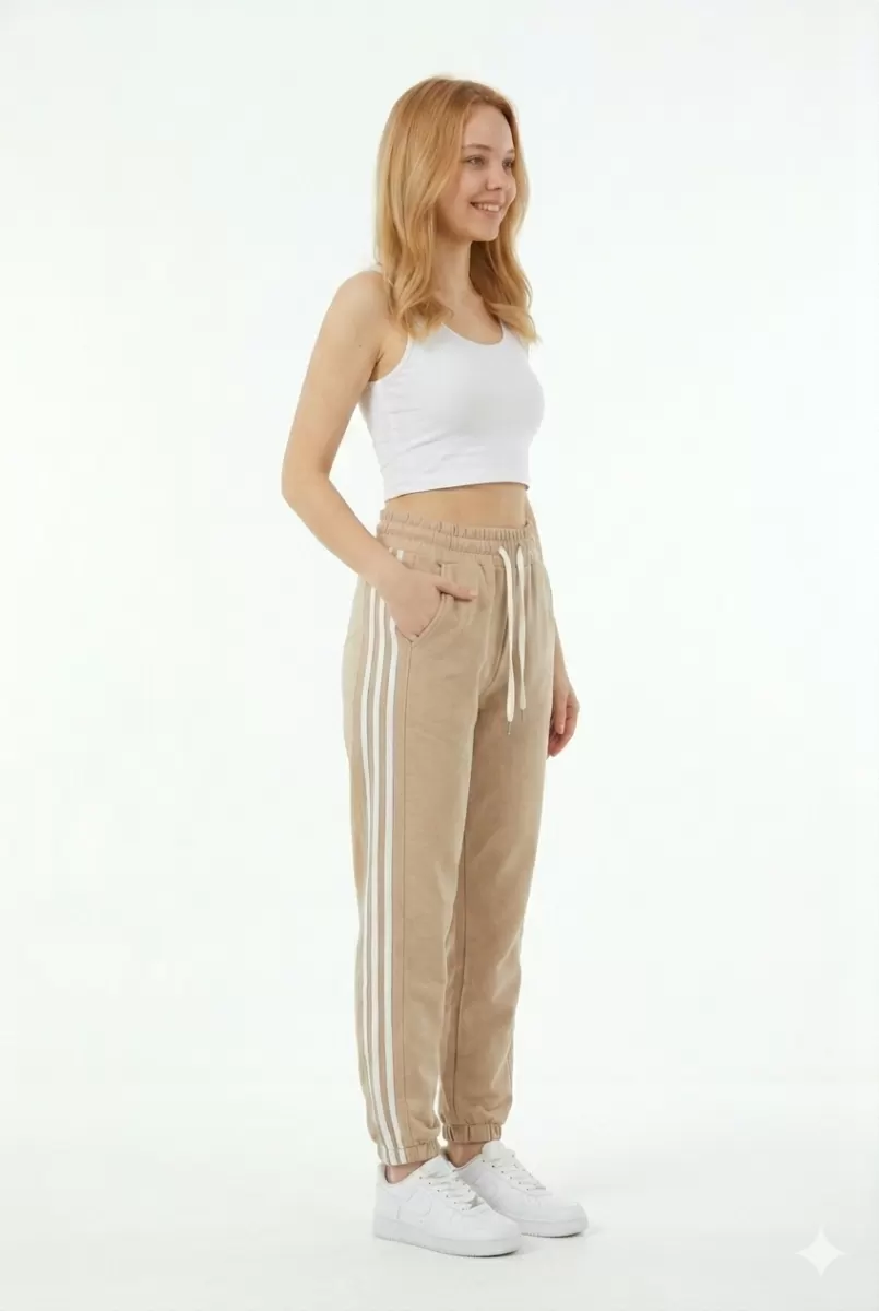 Bayan İki İplik Üç Çizgili Rahat Kesim Lastik Paçalı Cepli Günlük Spor Giyim Alt Eşofman