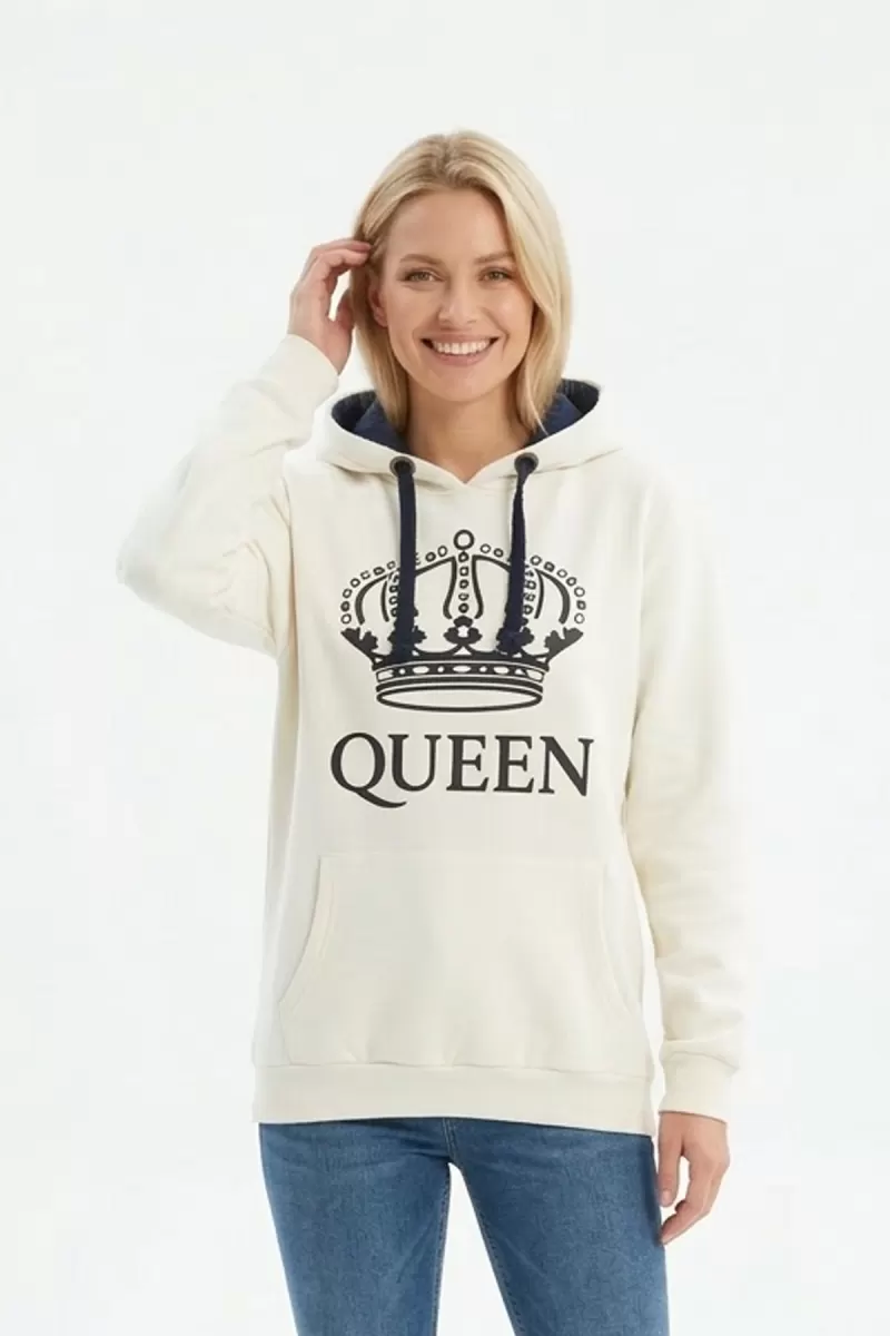 Kadın Beyaz Queen Yazılı Taç Baskılı Kapüşonlu Kanguru Cepli Sweatshirt