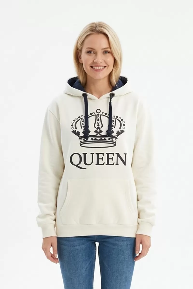 Kadın Beyaz Queen Yazılı Taç Baskılı Kapüşonlu Kanguru Cepli Sweatshirt