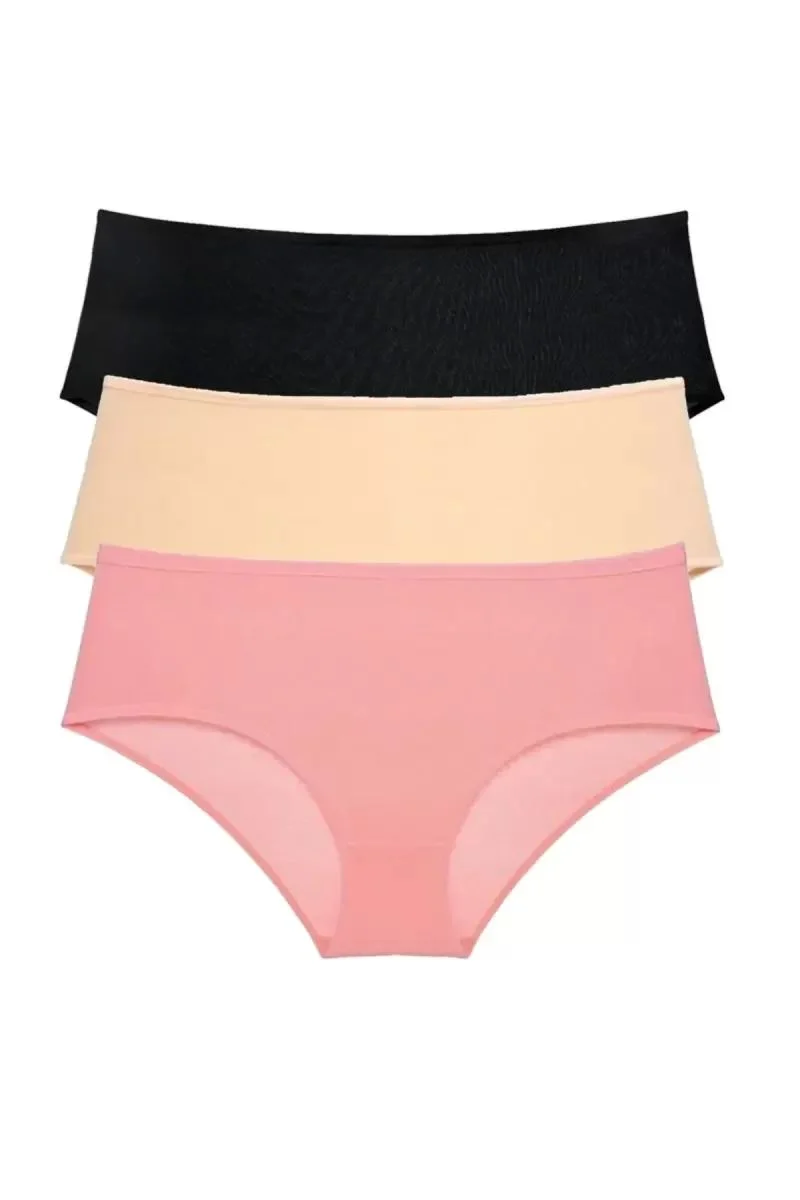 3 Adet Kadın Yüksek Bel Bato Külot Siyah Ten Pudra