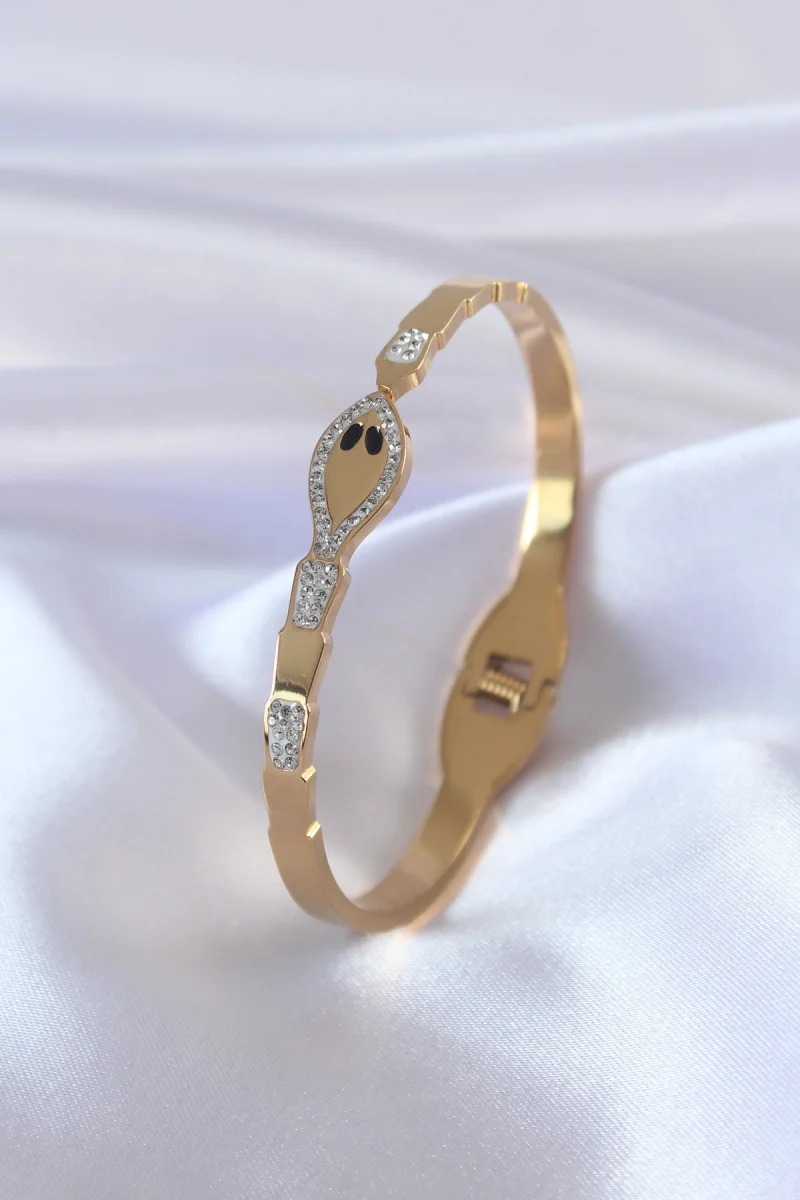 316L Çelik Gold Renk Yılan Model Zirkon Taş Detay Kadın Kelepçe