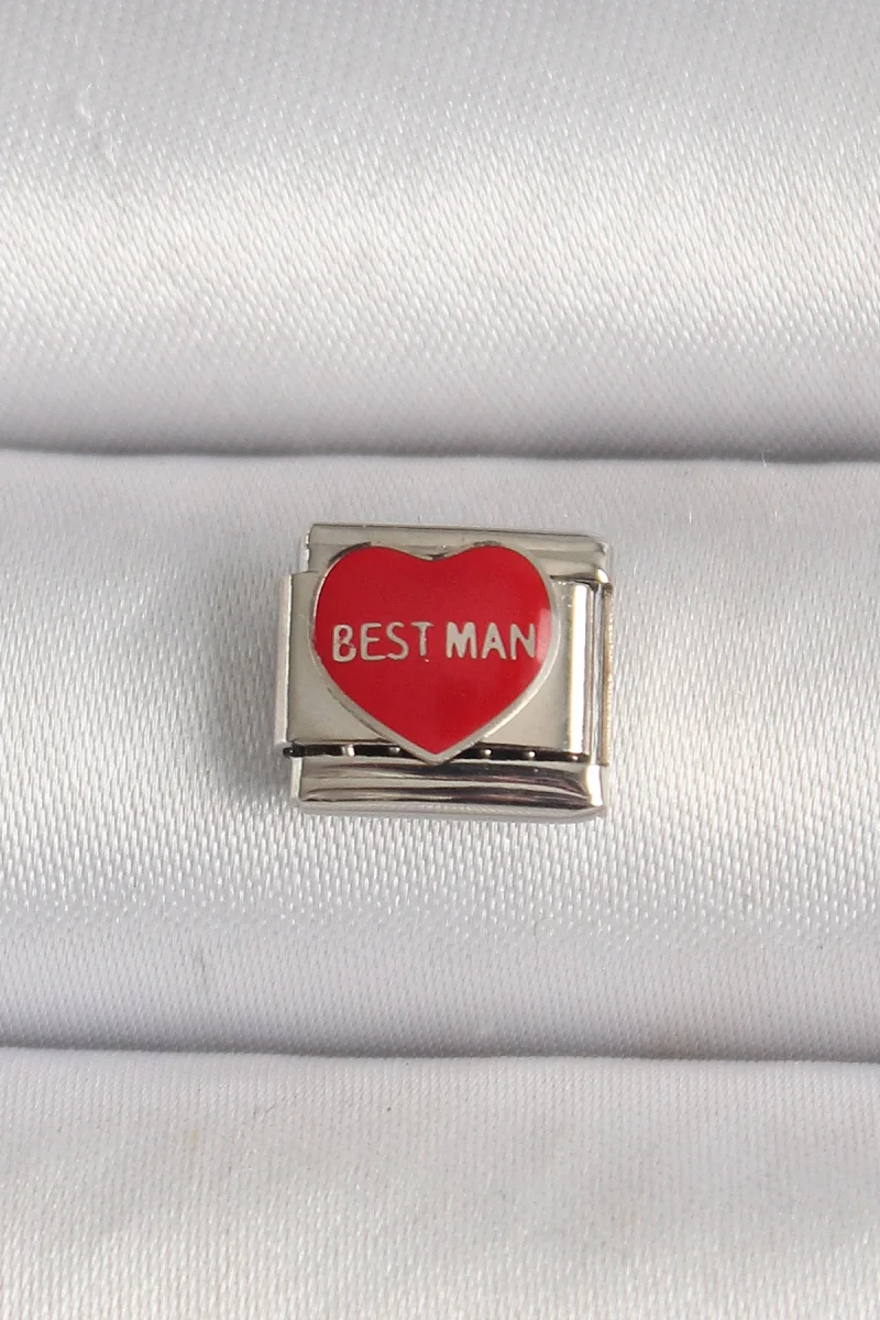 316L Çelik Gümüş Renk 'Best Man' Yazılı Kırmızı Kalp İşlemeli Nomination Charm