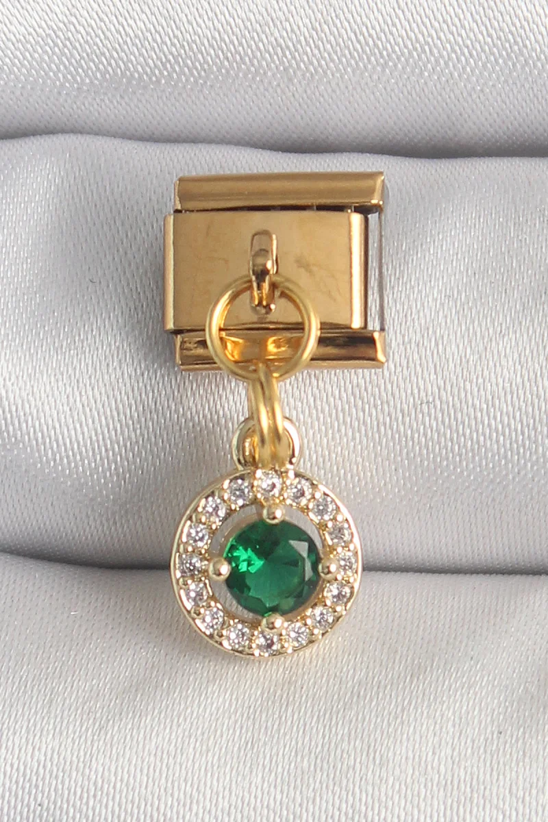 316L Çelik Gold Renk Sallantı Yeşil Zirkon Taşlı Nomination Charm