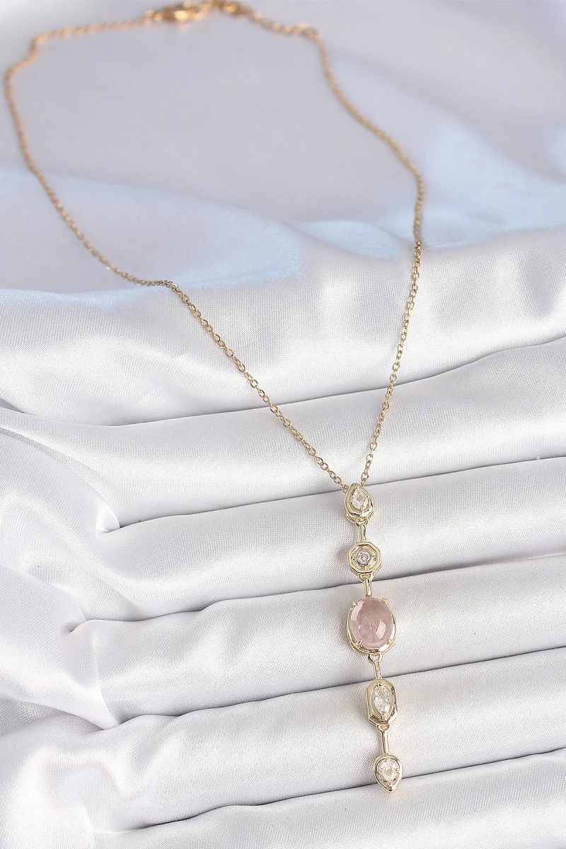 316L Çelik Zincir Gold Renk Pembe Zirkon Taşlı Y Kolye