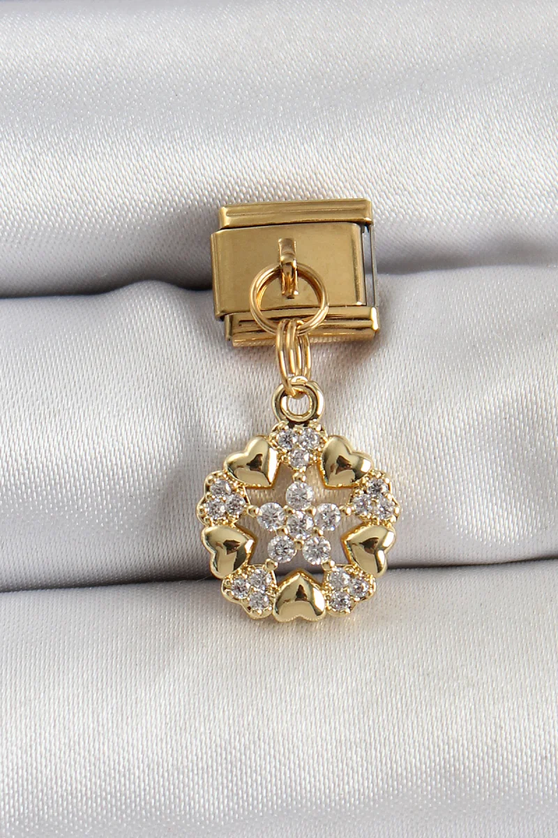 316L Çelik Sallantılı Zirkon Taşlı Kalp Detaylı Yıldz Model Gold Renk Nomination Charm