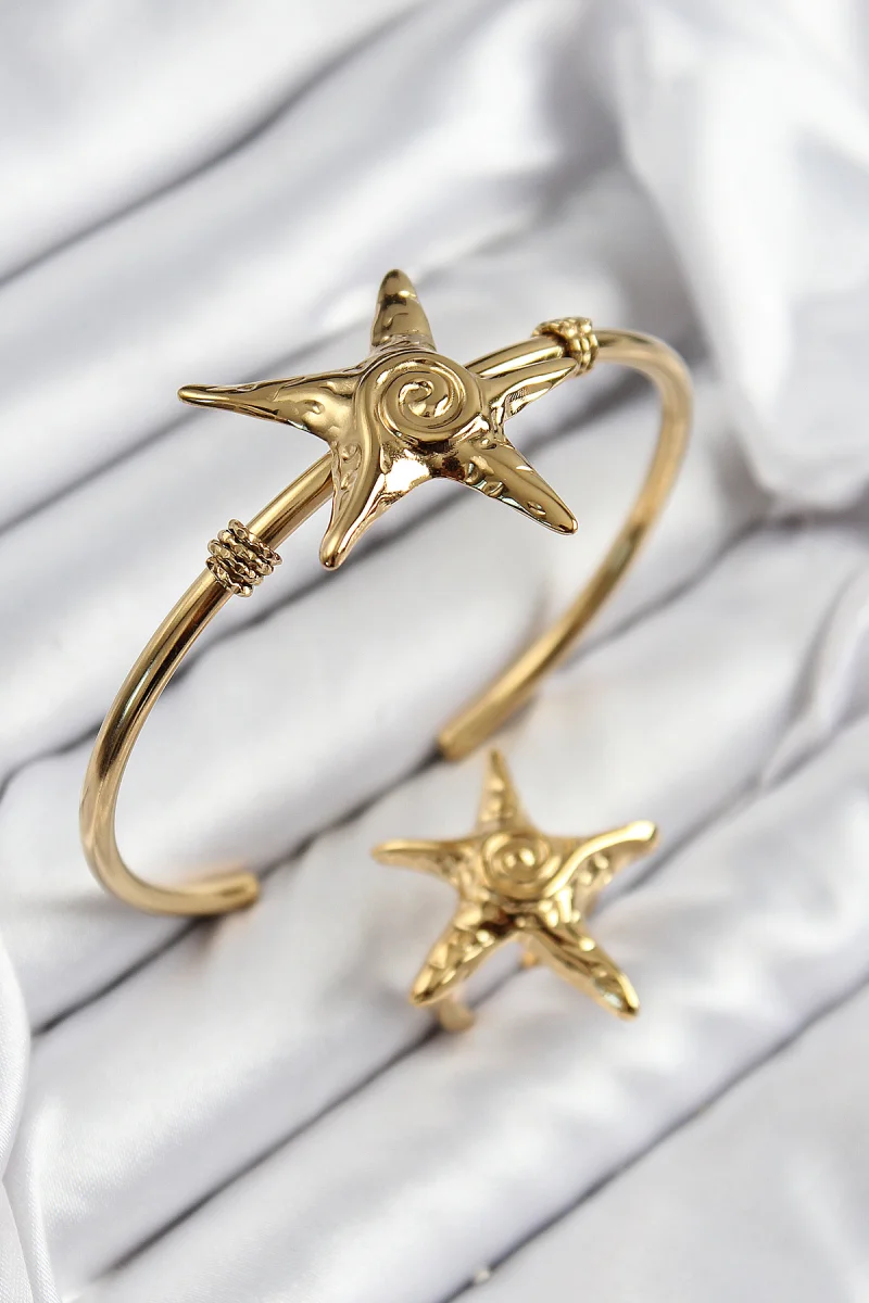 Pirinç Deniz Yıldızı Model Gold Renk Bileklik Yüzük Set