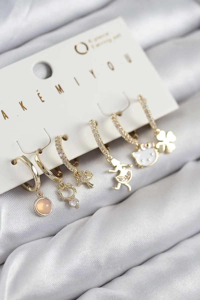 Pirinç Zirkon Taşlı Hello Kity Ve Yonca Model Gold Renk 6'lı Küpe Set