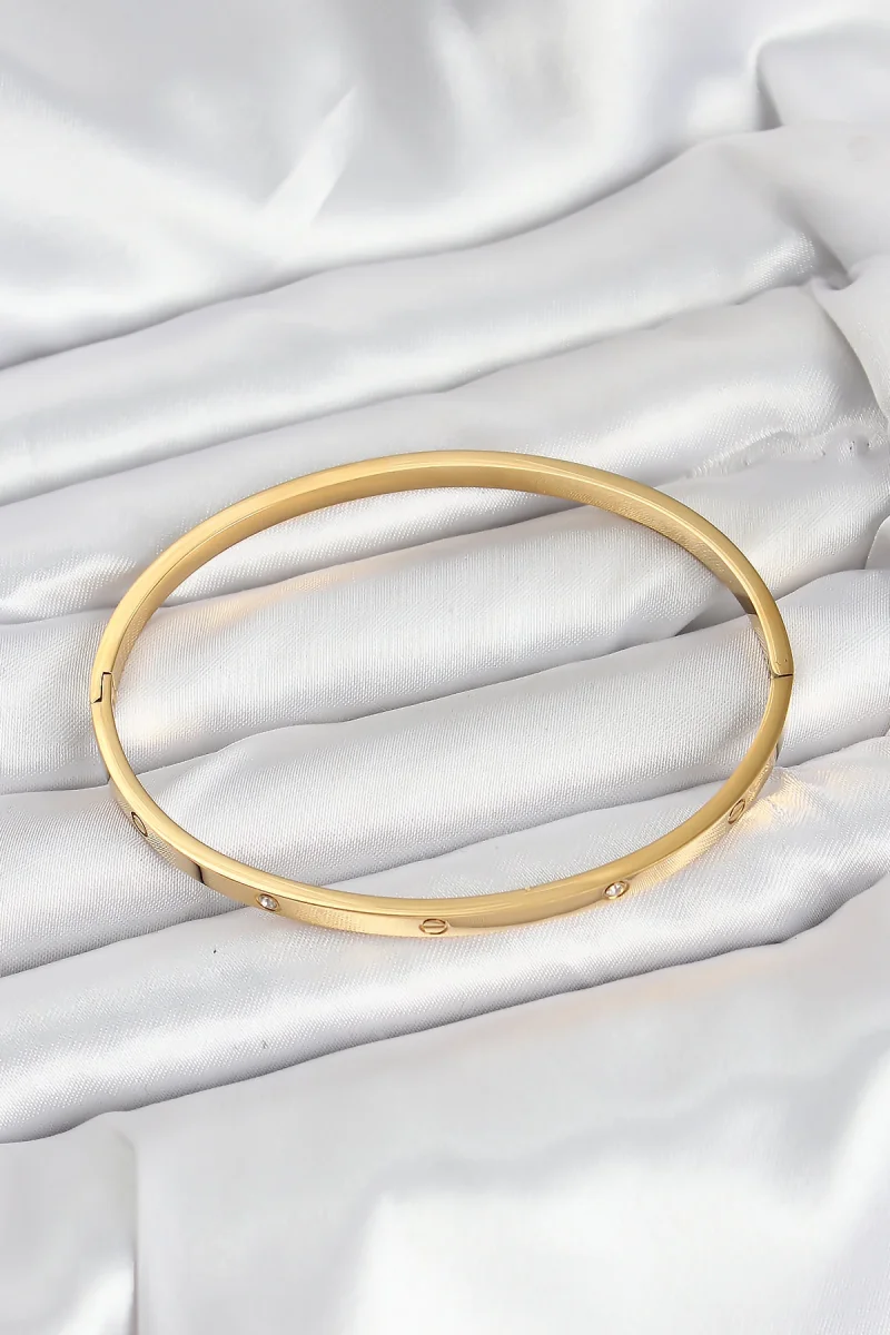 316L Çelik Gold Renk Zirkon Taşlı 65 mm İnce Kadın Kelepçe Bileklik