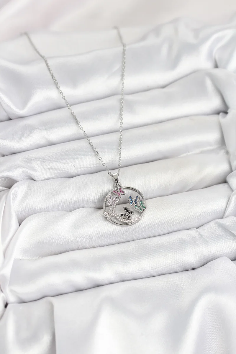 316L Çelik Zincir Gümüş Renk Zirkon Taşlı Kelebekli Kadın Kolye