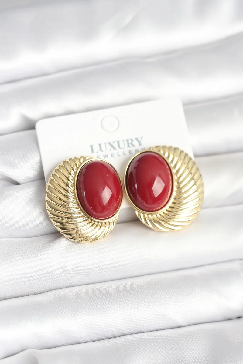 Pirinç Gold Renk Bordo Boncuklu Oval Vintage Kadın Küpe