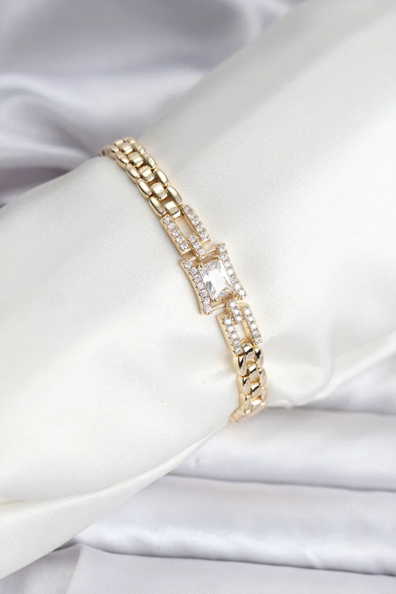 14K Gold Renk Kaplama Zirkon Kare Taşlı CM Kadın Bileklik